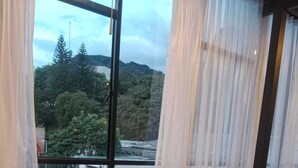 A modern room with a large window, two white chairs, a dark wooden table, and a view of a cityscape and greenery.