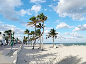 A beach with palm trees, a clear sky, and a sandy path. - Hollywood Beach Condo. Perfect Spot to enjoy boating  South Florida Lifestyle 
 (Hollywood)