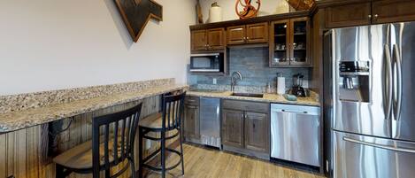 Fridge, microwave, oven, dishwasher