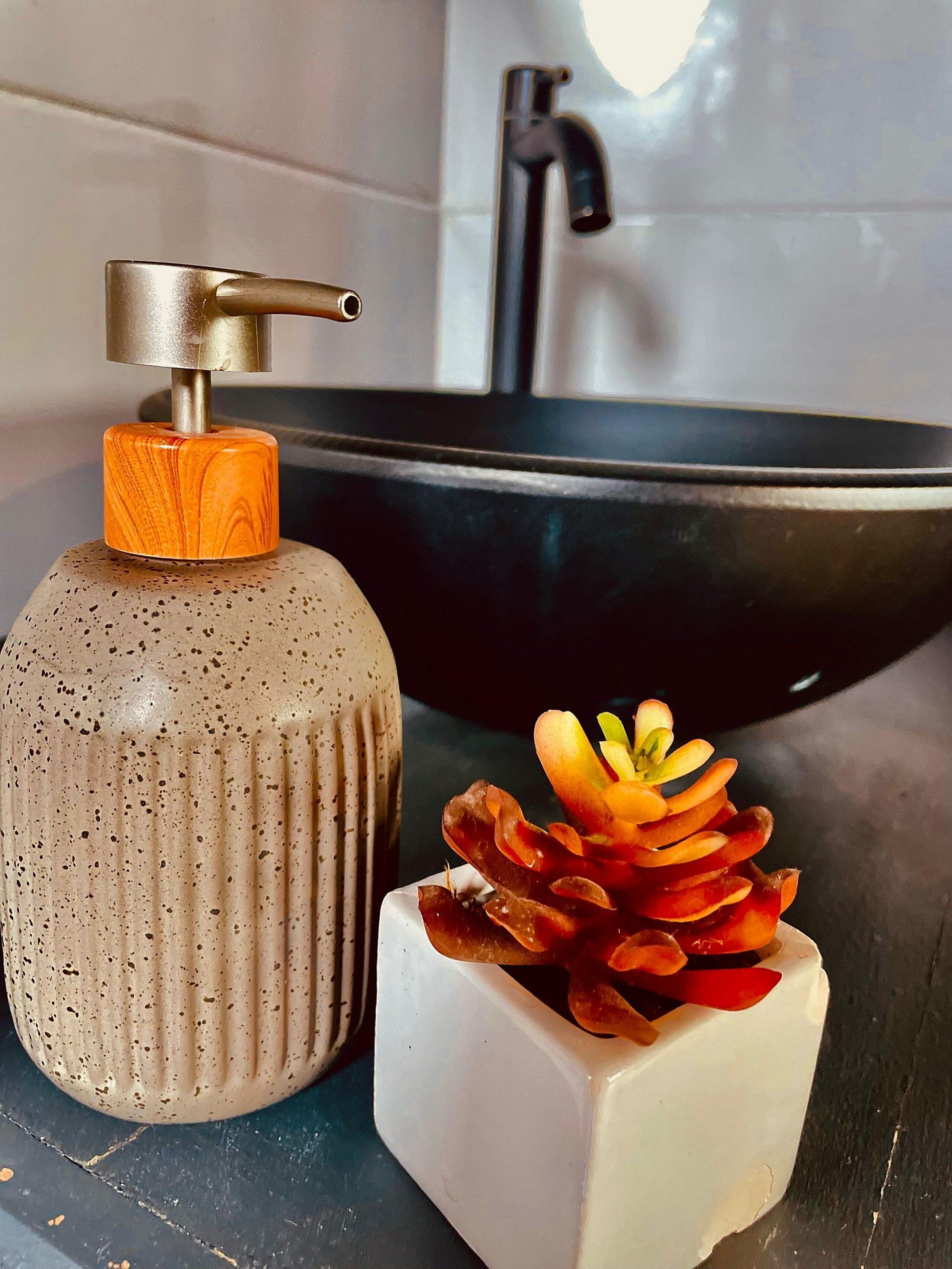 Un lavabo de salle de bain doté d’un robinet moderne, d’un distributeur de savon avec un dessus en bois et d’une plante succulente décorative dans un pot blanc.