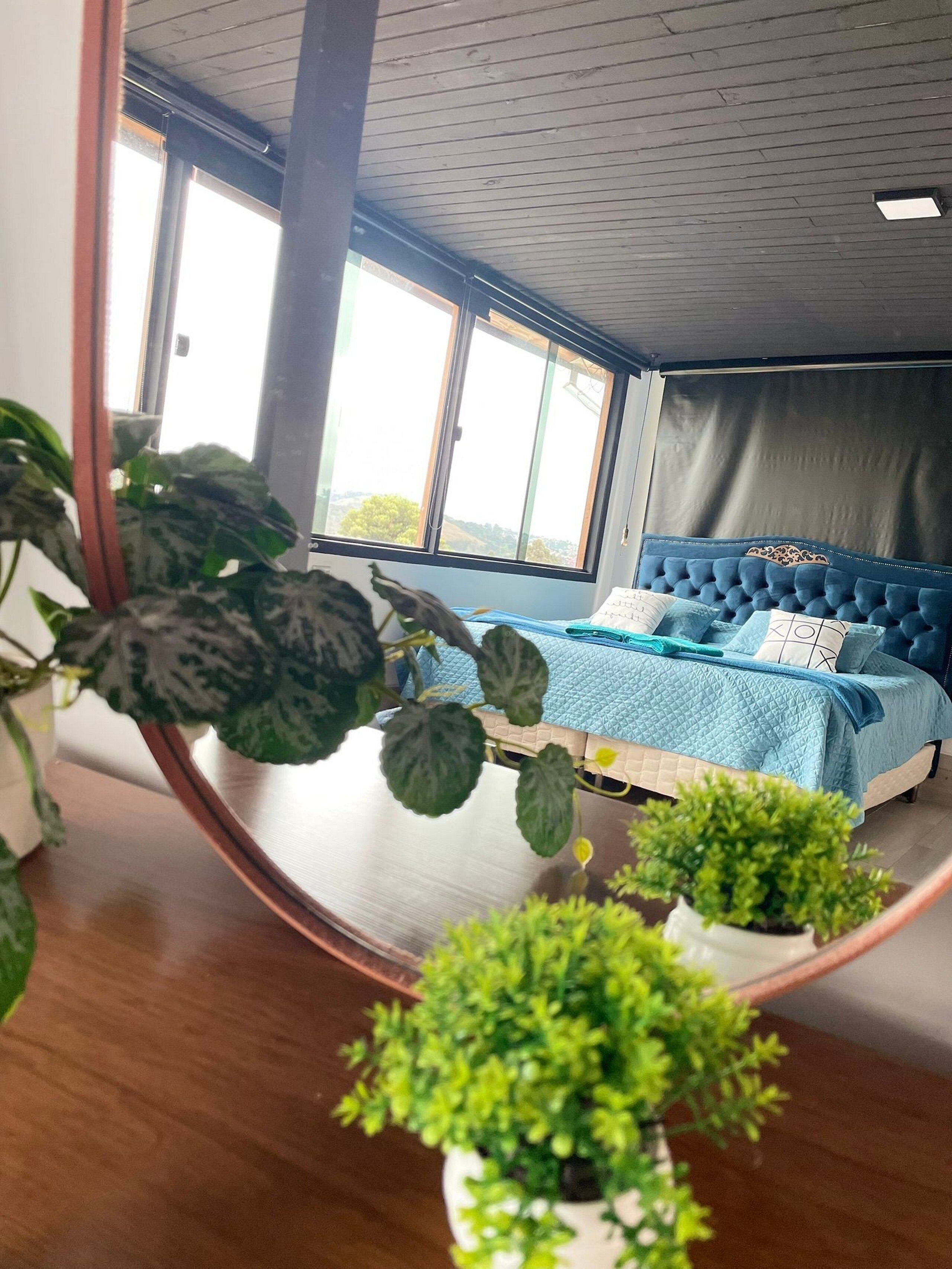 A bedroom with a large bed, a view of the outdoors through a window, and potted plants.