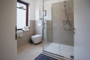 Shower, towels, soap, toilet paper