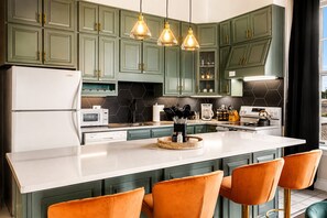 Fridge, microwave, oven, stovetop - Deaconess Estate | 8BR Riverfront Retreat w/HotTub Dome Firepit Luxe Amenities (Jeffersonville)