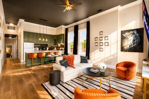 Smart TV, fireplace, books