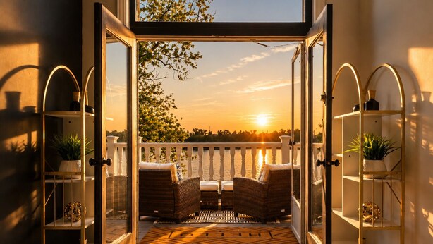An open door leading to a balcony with wicker furniture, a view of the sunset, and shelves with potted plants. - 8 Bed 6 Bath Waterfront Views Bourbon Trail w/Firepit HotTub Dome Luxe Amenities (Jeffersonville)