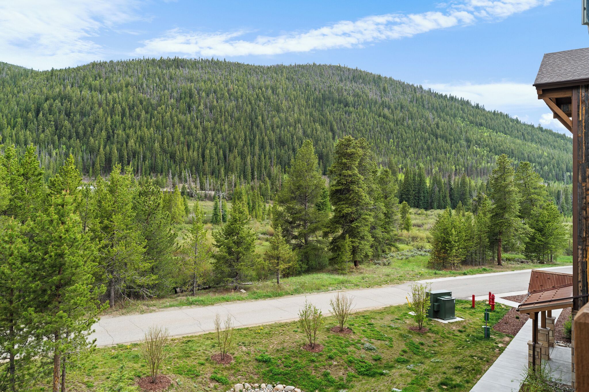 A view of a road leading to a building with a forested mountain in the background.