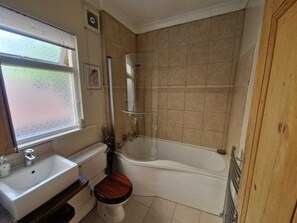 Hair dryer, towels, soap, shampoo