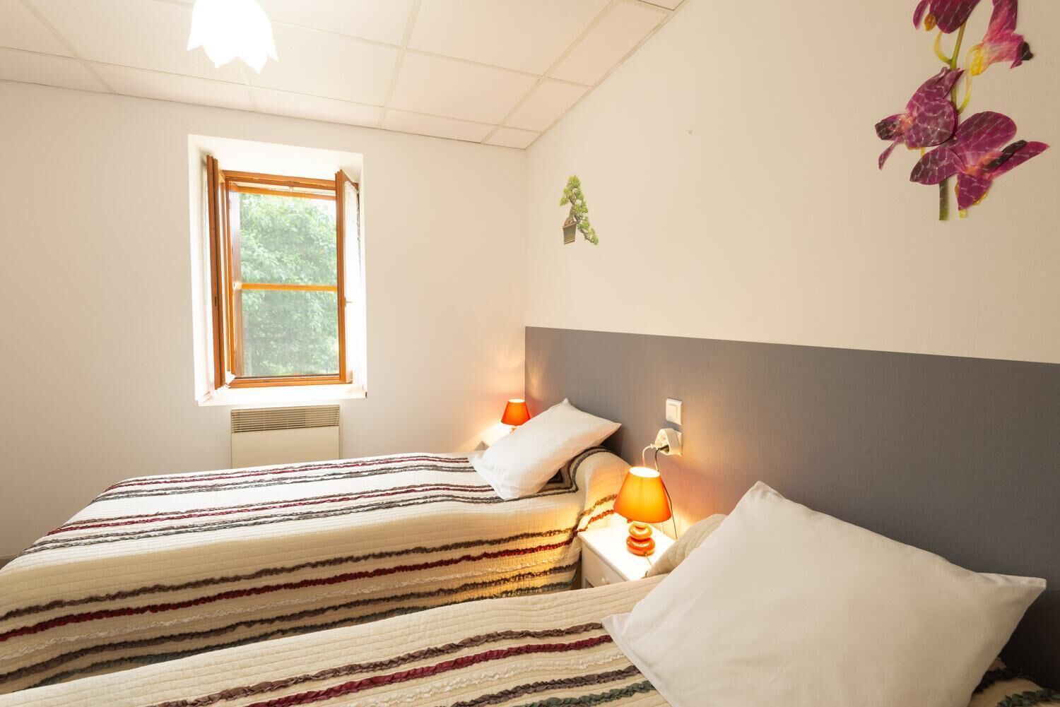 A bedroom with a bed, two bedside lamps, a window, and a wall-mounted plant.