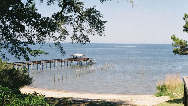 A pier extending into calm water, surrounded by greenery and a clear sky. - The Fairhope Bay Room (Fairhope)