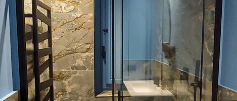 Shower, hair dryer, bidet, towels