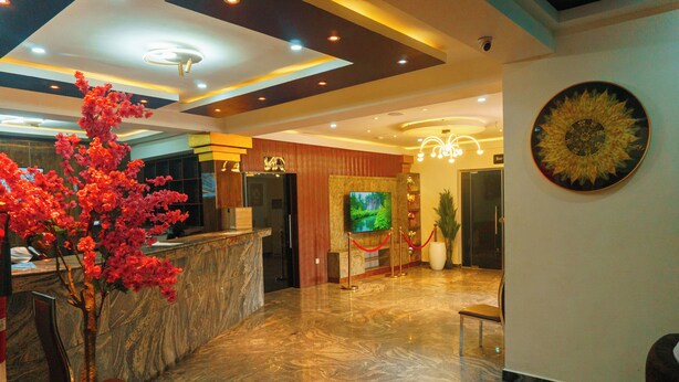 A lobby with a reception desk, a large potted plant, a television, and a wall-mounted artwork. - Rolarz Resorts & Hotel (Benin City)
