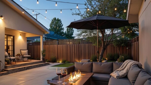 Een terras buiten met een vuurplaats, zitplaatsen en lichtjes.