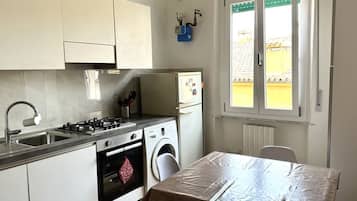 Fridge, oven, dishwasher, dining tables