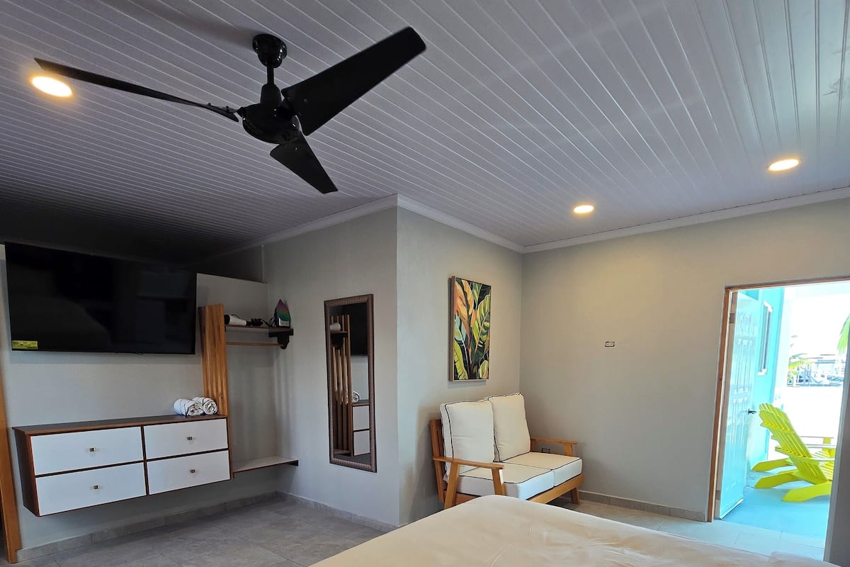 Ein Schlafzimmer mit einem Bett, einem Deckenventilator, einem Fernseher, einem Schreibtisch und einem Stuhl.