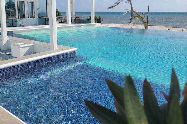Piscine extérieure, chaises longues