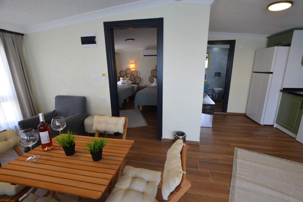A modern apartment with a dining area, a living room, and a kitchen.