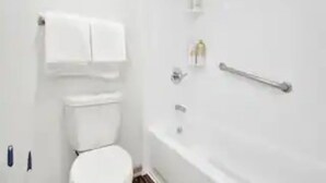 A bathroom with a toilet, a shower, and a handrail.