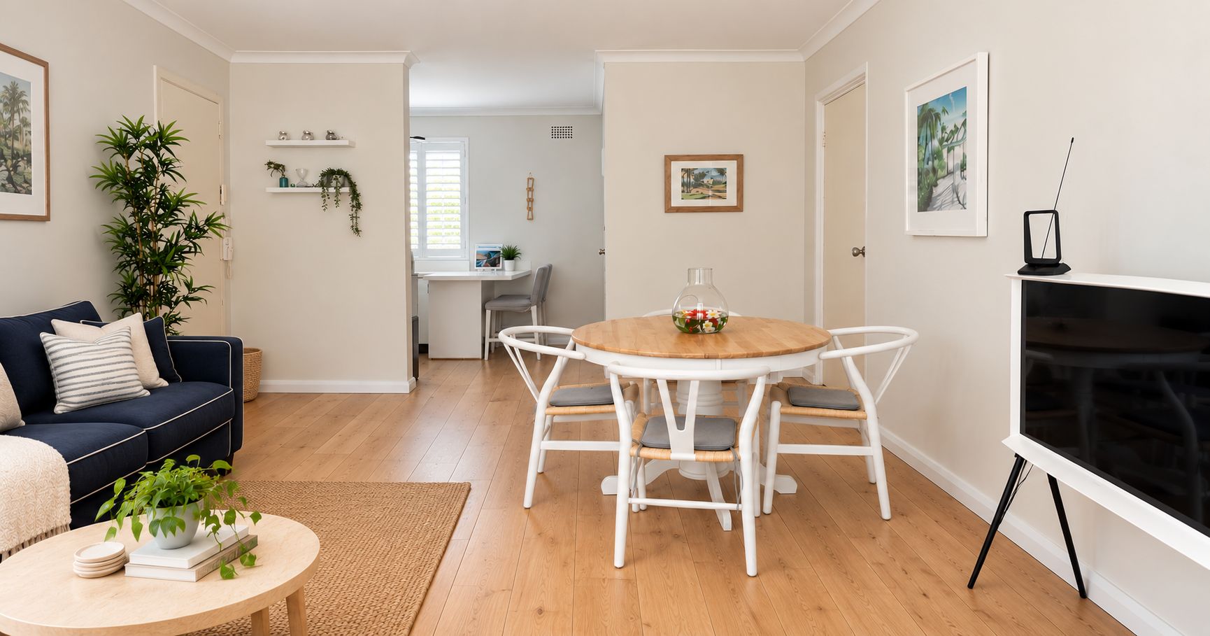 Ein Wohnzimmer mit einem dunkelblauen Sofa, einem runden Holztisch mit einer Pflanze, einem weißen Esstisch mit Stühlen und einem Fernseher auf einem Schrank.