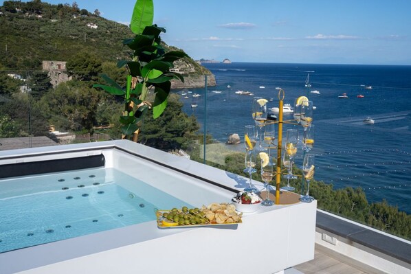 A pool with a view of the sea and boats, a plate of olives, and a glass of wine on a terrace.