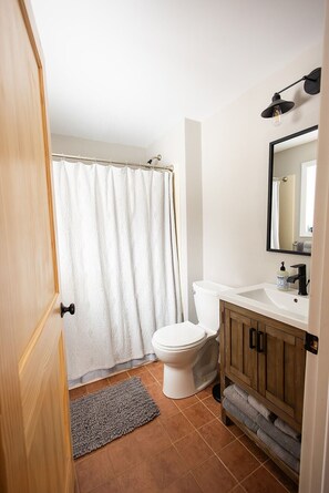 Baño con cortina de ducha, inodoro, lavabo y armario de madera.