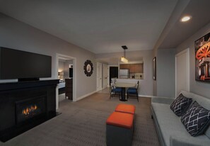 TV, fireplace, DVD player, foosball