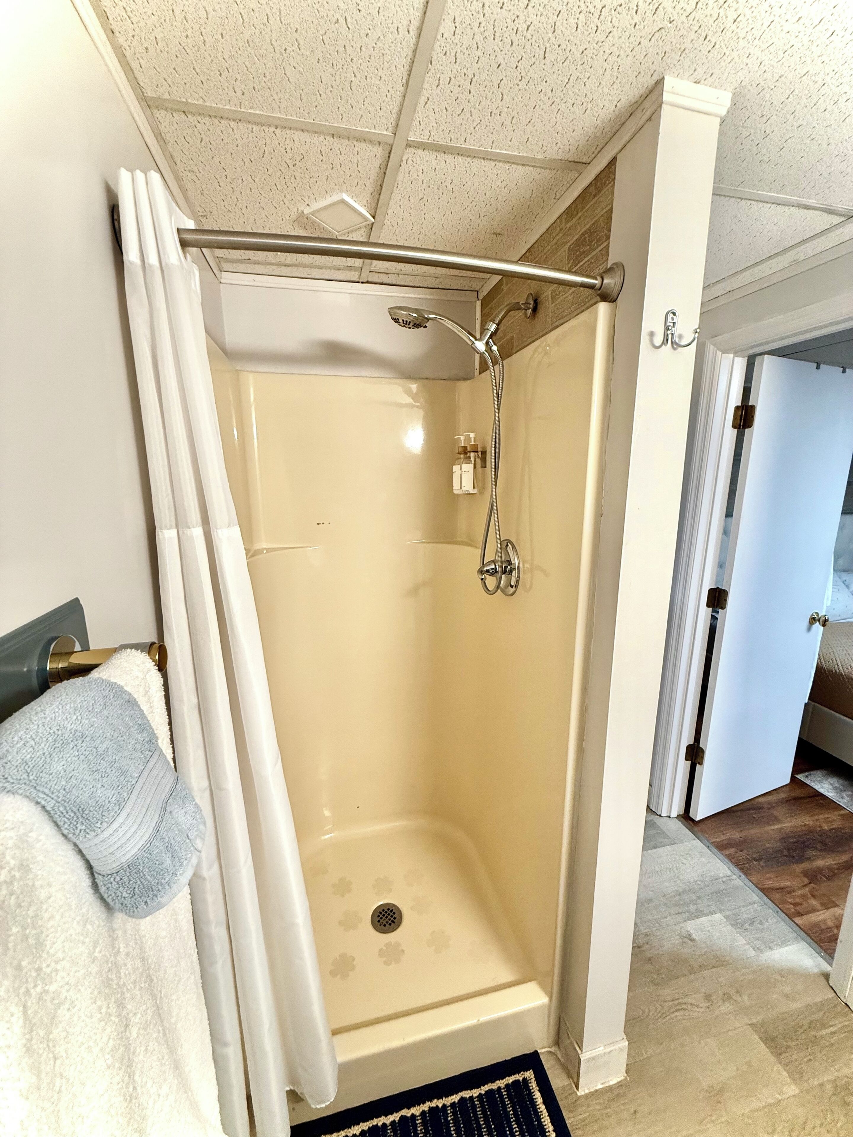 Hair dryer, towels, soap, shampoo
