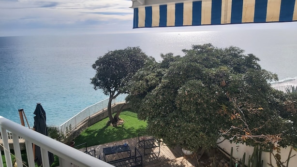 A balcony with a view of the ocean, a tree, and a small lawn area. - Appartement 40m2,vue Exceptionnelle. 1 Chambre Indépendante. Climatisation (Sète)