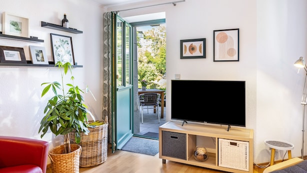Ein Wohnzimmer mit Fernseher, einem roten Sessel, Regalen mit Bildern und einer Pflanze.