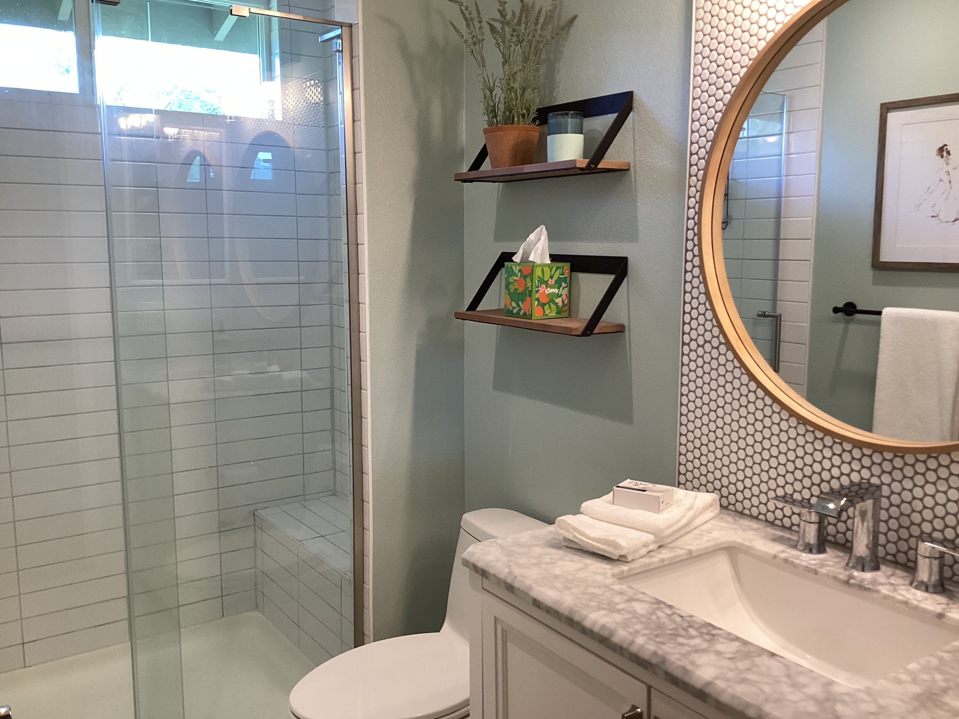 Shower, hair dryer, bidet, towels