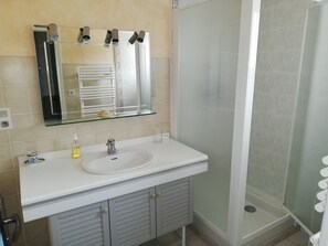 Shower, hair dryer, soap