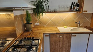 Une cuisine moderne équipée d’une cuisinière à gaz, de meubles en bois, d’un évier et d’une plante en pot.