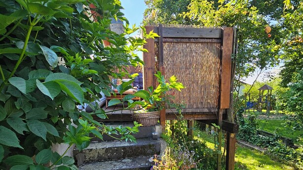 Un jardin agrémenté d’un escalier en bois menant à une terrasse en bois, le tout entouré d’une végétation luxuriante et d’une clôture en bambou.
