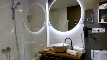 Hair dryer, towels, soap, shampoo