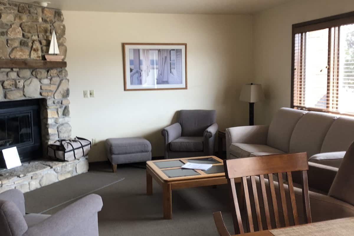 A living room with a stone fireplace, a framed picture on the wall, a sofa, a chair, and a coffee table.