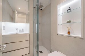 Shower, hair dryer, towels, soap