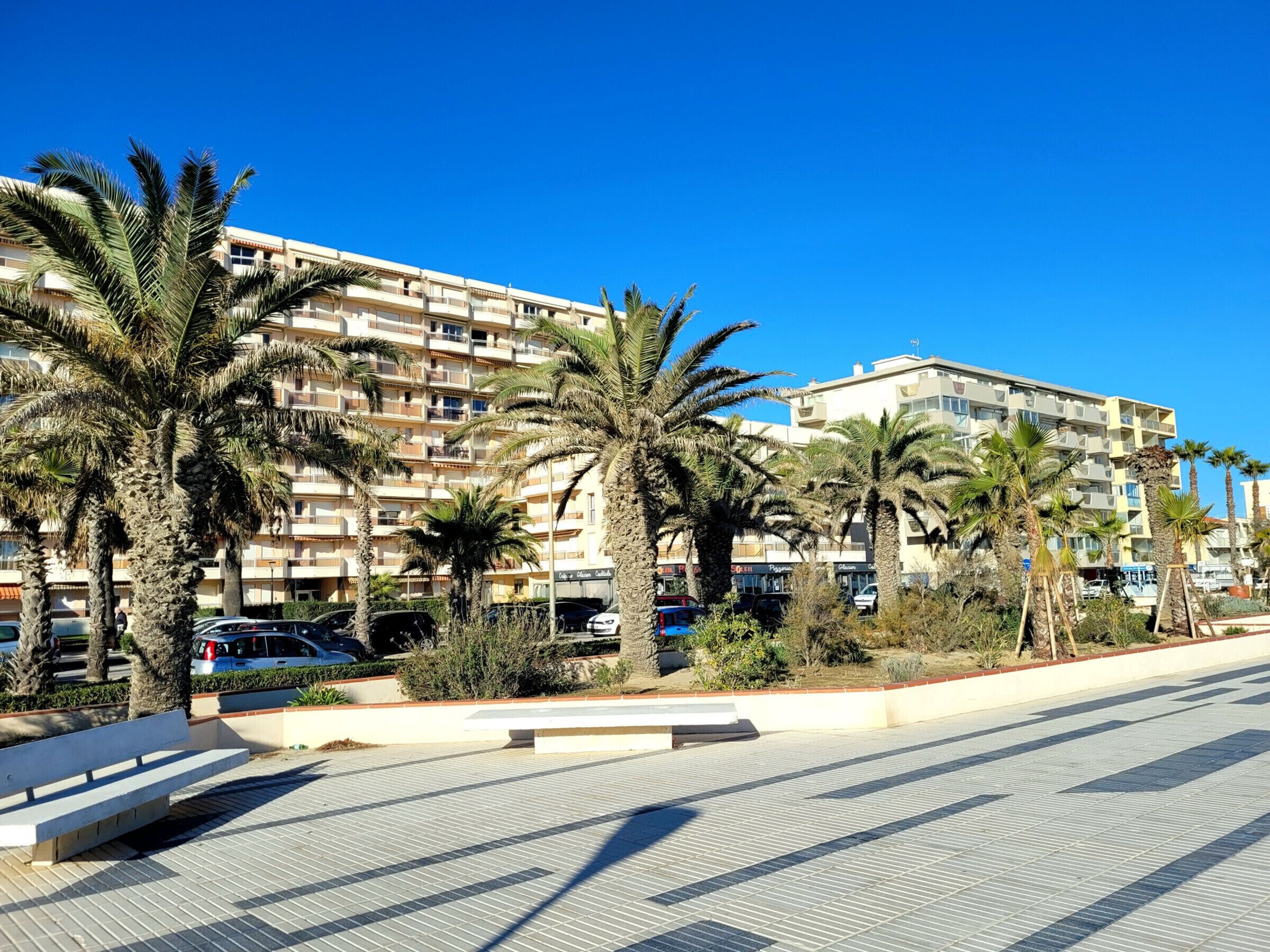 A multi-story hotel with balconies, palm trees, and a tiled pedestrian area.