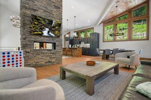 Smart TV, fireplace, table football