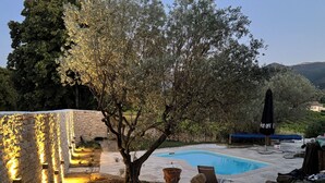 Ein Garten mit Swimmingpool, Steinmauern und einem Baum.