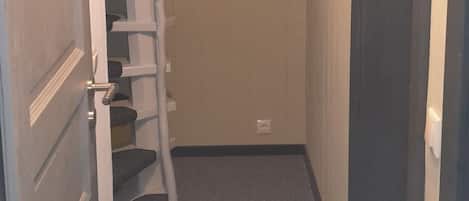 A narrow hallway with a carpeted floor, a white door on the left, and a dark door on the right.
