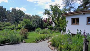 A garden with a paved pathway leading to a white building with a window. - Gemütliches Ferienhaus im Grünen (Michendorf)