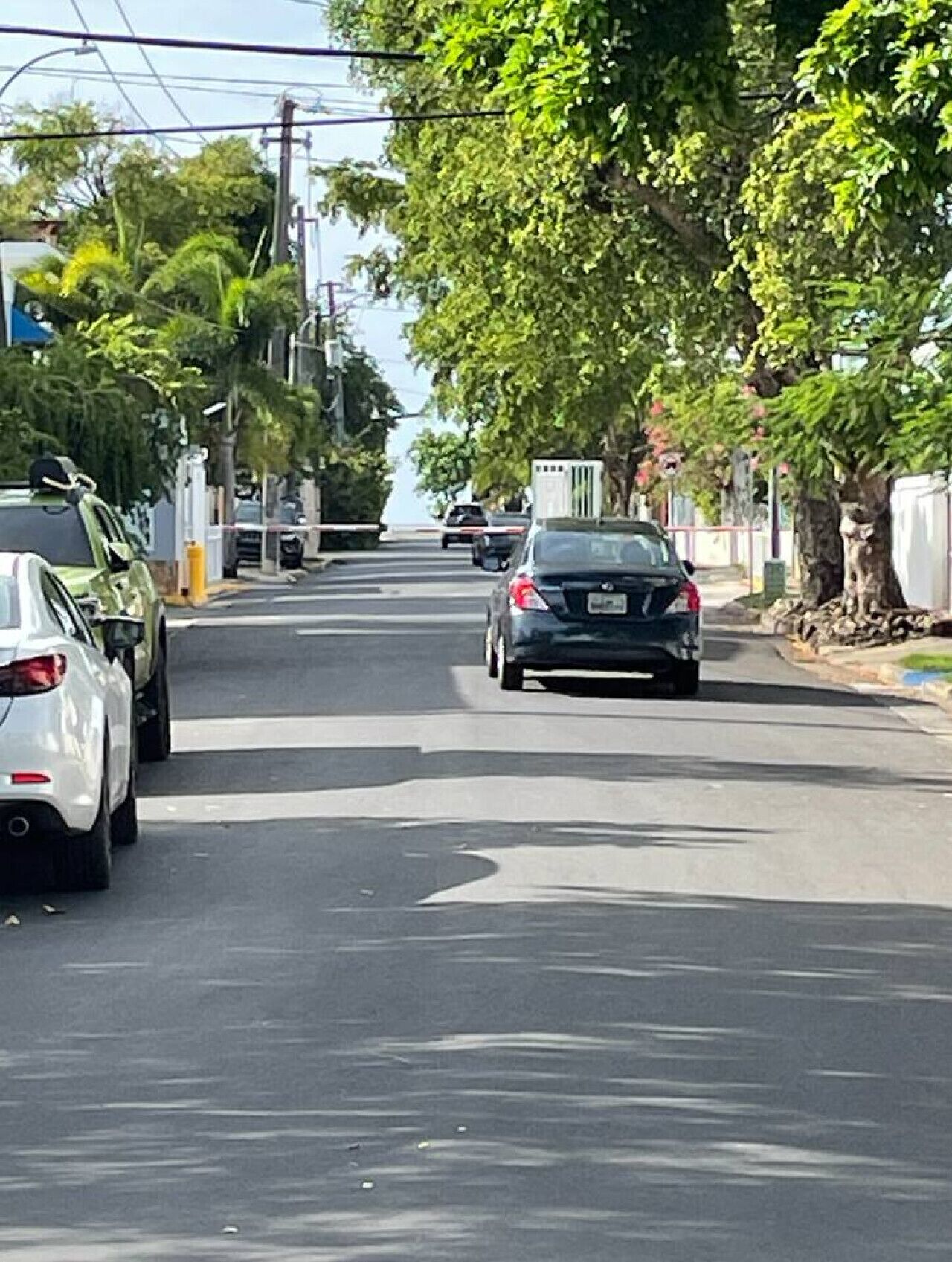 Una calle con coches aparcados y árboles a lo largo de la carretera.