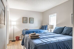 1 bedroom, desk, iron/ironing board, travel cot