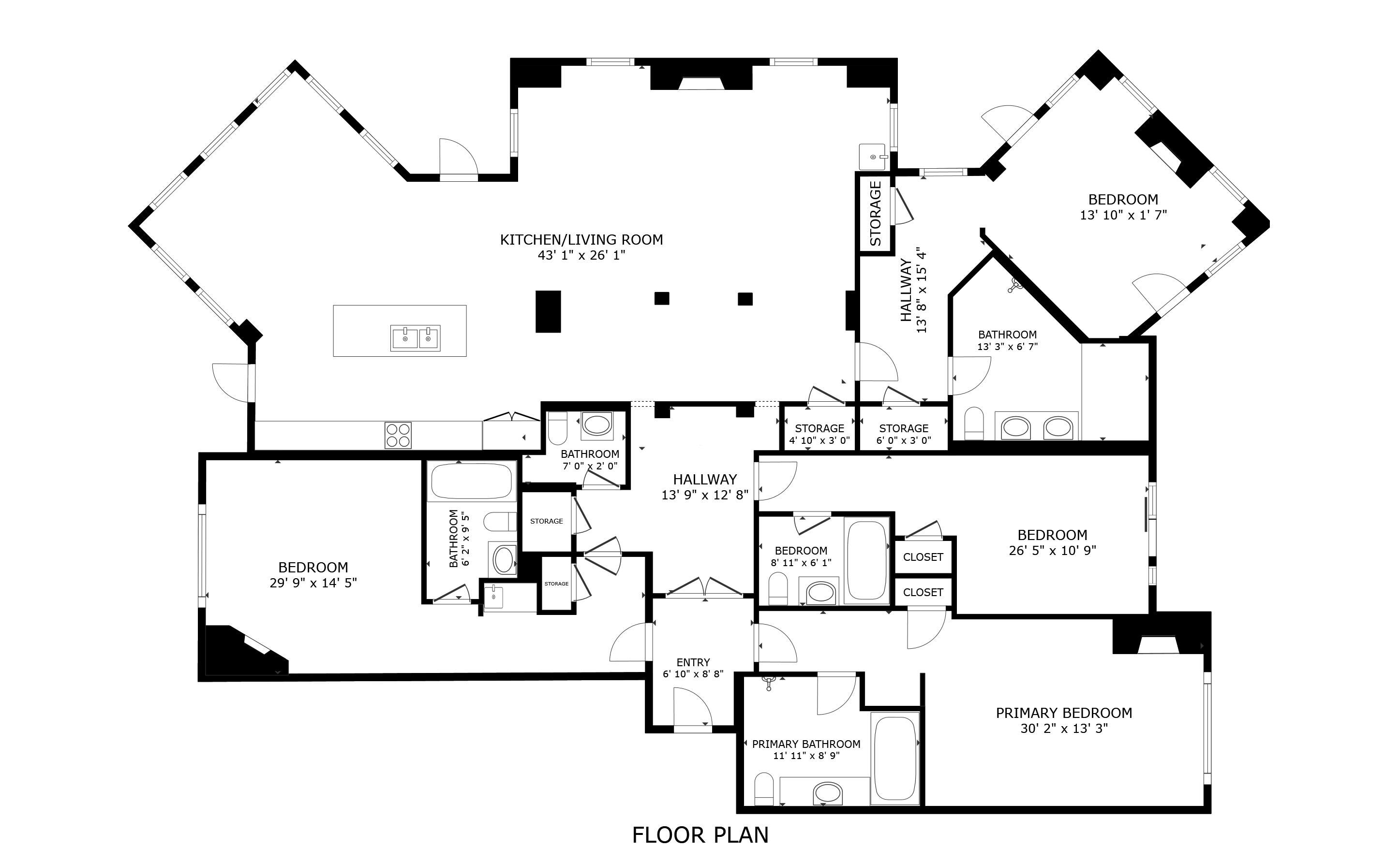 A floor plan of a house with a kitchen/living room, two bedrooms, a bathroom, a storage area, a closet, and an entryway.