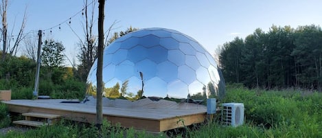 A geodesic dome structure with a wooden platform in a natural setting.