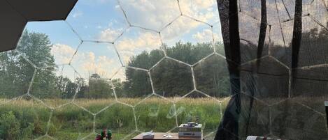 A hexagonal tent with a view of a grassy field and trees. Inside, there is a table with a box, a bottle, and a plant.