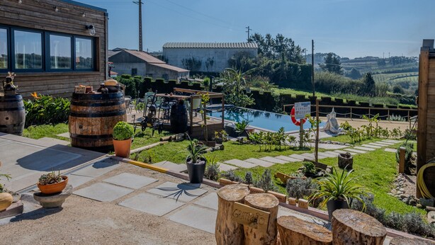Zona de piscina con terraza de madera, plantas en macetas y vistas al campo.