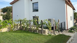 A modern two-story house with a white exterior, a brown roof, and a small window on the second floor. - Stará vinice (Velke Zernoseky)