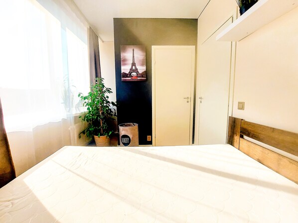 A bedroom with a bed, a potted plant, a door, and a wall with a picture.