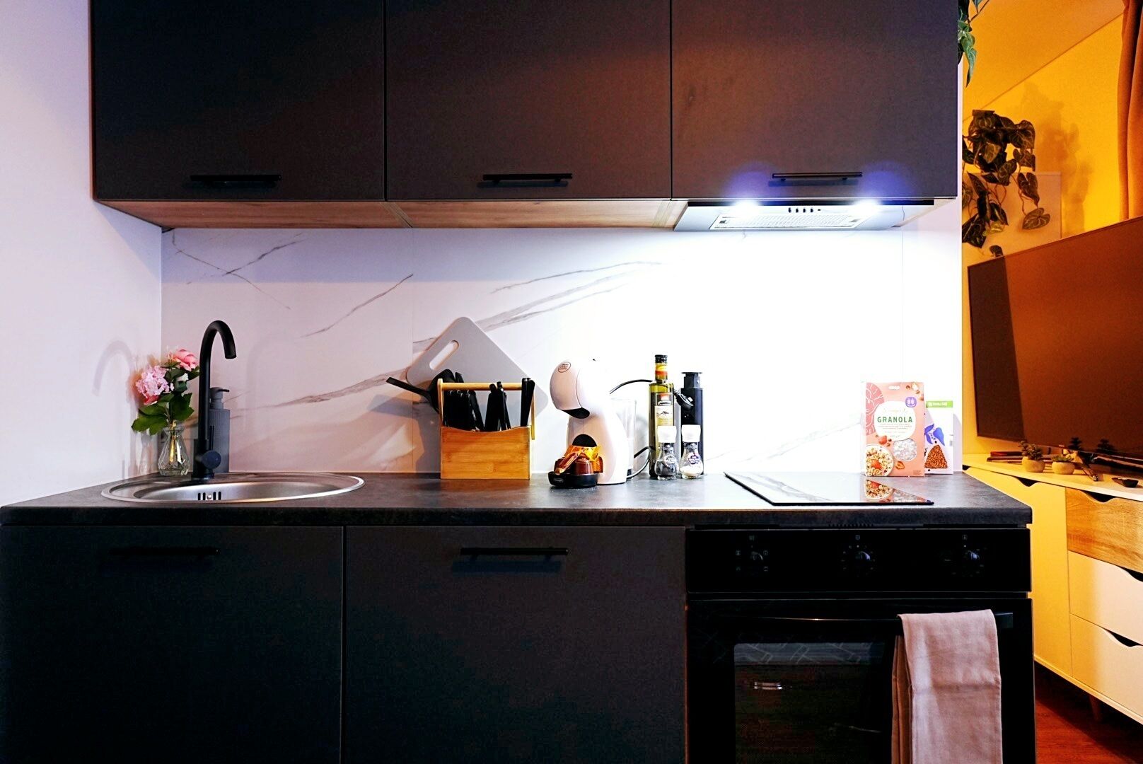 Una cocina moderna con armarios oscuros, horno empotrado y encimera con lavabo.