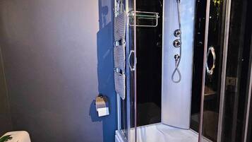 Et moderne badeværelse med en glasvæg omkring bruseren, et hvidt toilet og en lille plante.